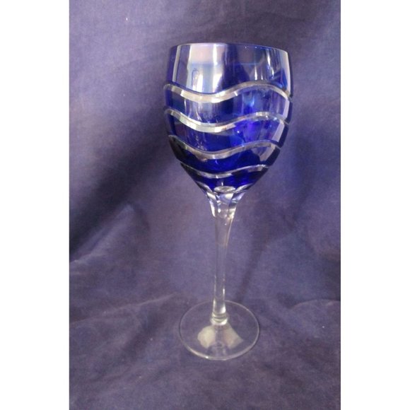 Cobalt Cut to Clear Wavy Lines Crystal Bohemian Wine Glass Unmarked Flawed - Picture 3 of 16